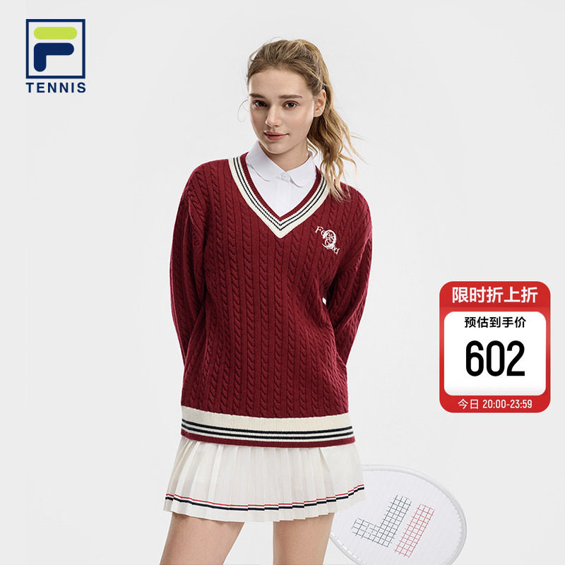 FILA 斐乐官方情侣款编织衫上衣女春季新款网球运动长袖套头毛衣