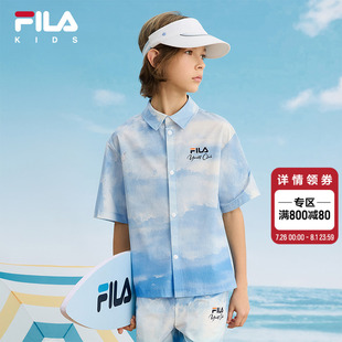 KIDS斐乐童装 2025夏季 FILA 男大童衬衫 上衣 新款 儿童宽松梭织短袖