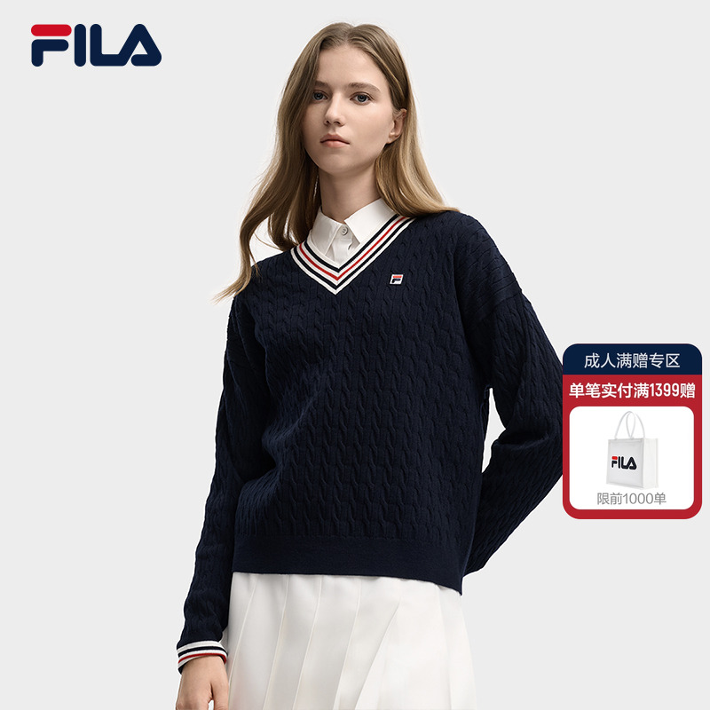 FILA斐乐官方长袖编织衫女V领