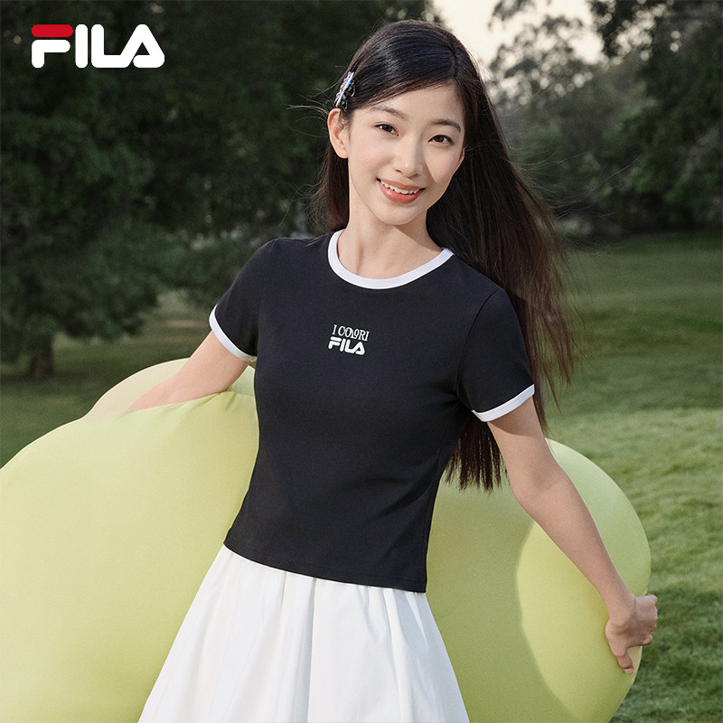 FILA斐乐短袖T恤2026夏装新款女子修身短款螺纹运动复古辣妹上衣