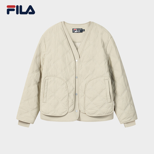 休闲绗缝V领假两件保暖外套 时尚 FILA 斐乐官方女士棉服2026春新款