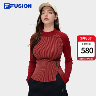 红色修身 2026春新款 拼接套头毛衣 FUSION斐乐潮牌女子编织衫 FILA