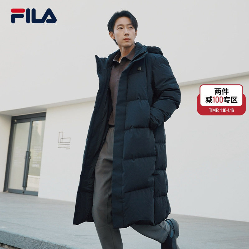 FILA长款鹅绒服斐乐男羽绒服2025冬新款连帽保暖防水厚外套防寒服