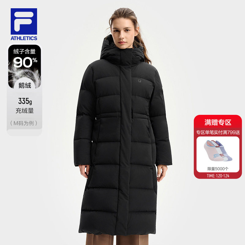 鹅绒｜FILA斐乐女士长款羽绒服2025冬季新款健身运动保暖连帽外套,运动服/休闲服装,运动羽绒服,淘宝优惠券,粉丝福利购,淘宝优惠卷
