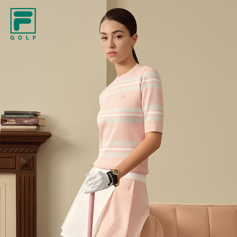 何沐妮同款FILA斐乐官方条条衫编织衫女夏季新款高尔夫运动毛衣