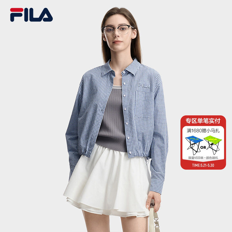 FILA 斐乐官方女子梭织长袖衬衫2026夏新款时尚宽松短款格子