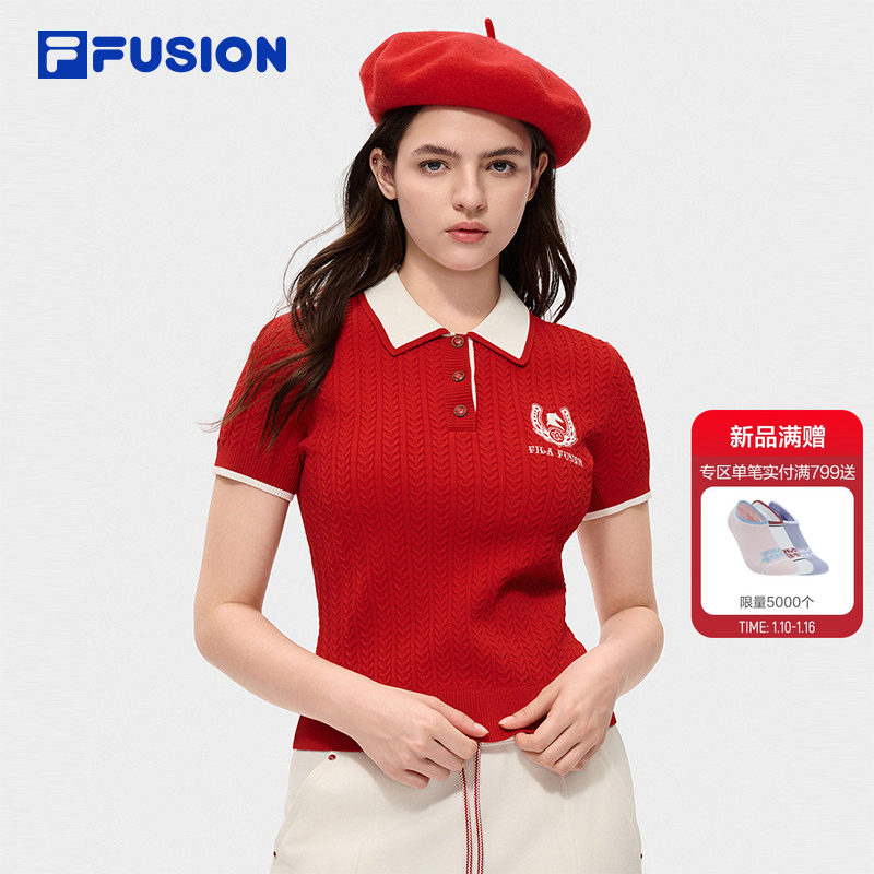 马上起飞 | 编织衫FILA FUSION斐乐潮牌女2026春新年款红短袖上衣