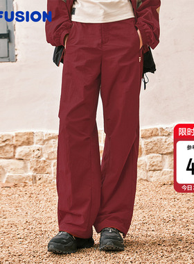 FILA FUSION斐乐潮牌梭织长裤女2026春季新款红色宽松直筒阔腿裤