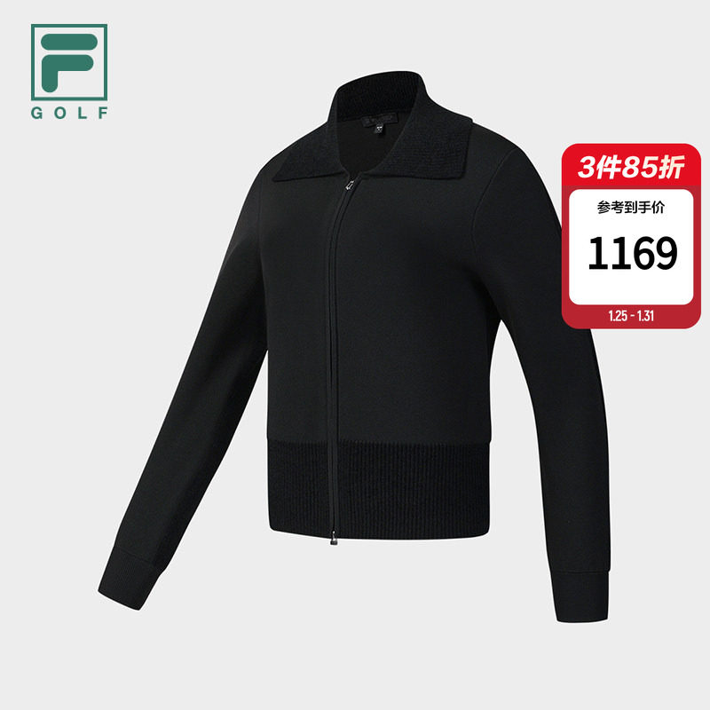 FILA斐乐高尔夫商务运动系列短款翻领编织开衫冬季新款保暖毛衣女