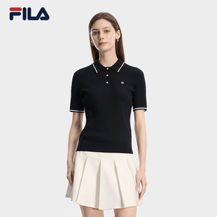 斐乐官方短袖 休闲扭花修身 编织衫 新款 运动POLO领上衣 女春季 FILA