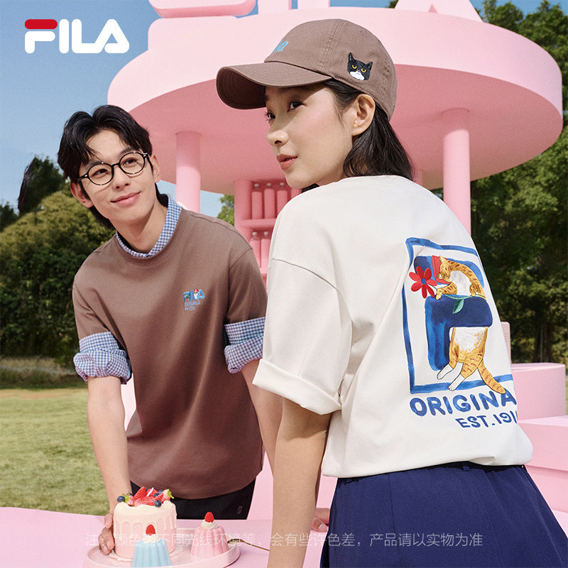 FILA斐乐情侣针织短袖衫女2026夏新款男休闲宽松狗狗猫咪刺绣