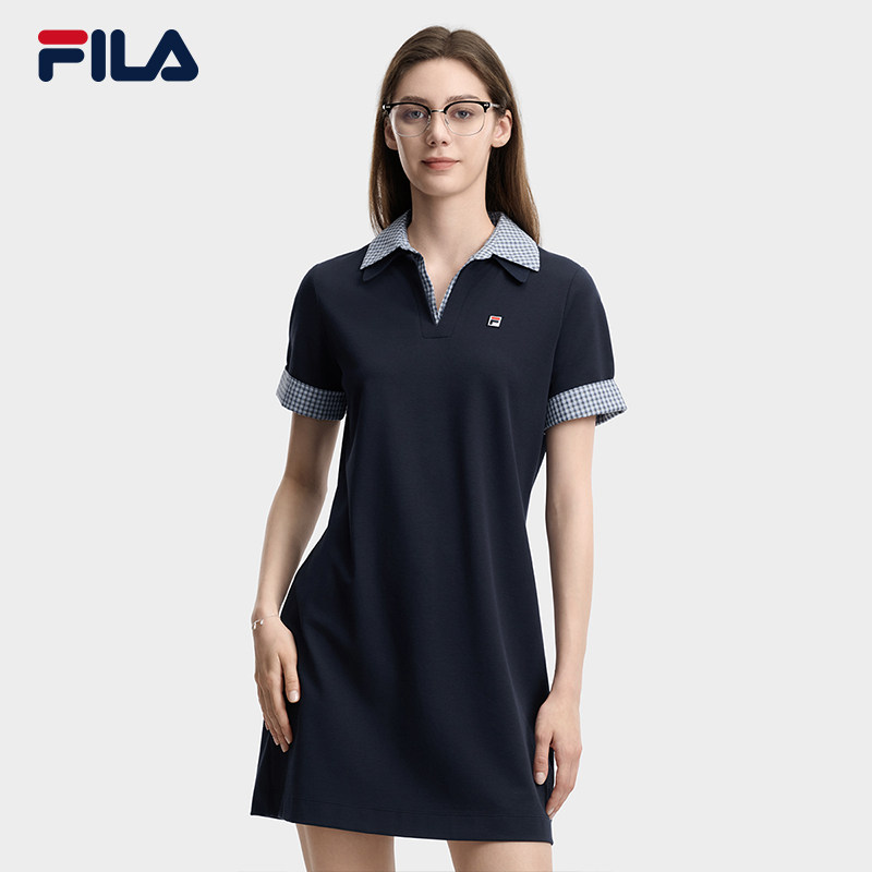 FILA 斐乐官方女针织连衣裙2026夏新款简约休闲假两件格子POLO裙