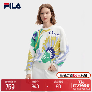 V&A联名大艺术家编织衫 FILA 斐乐女子2024春季 新款 宽松满印毛衣