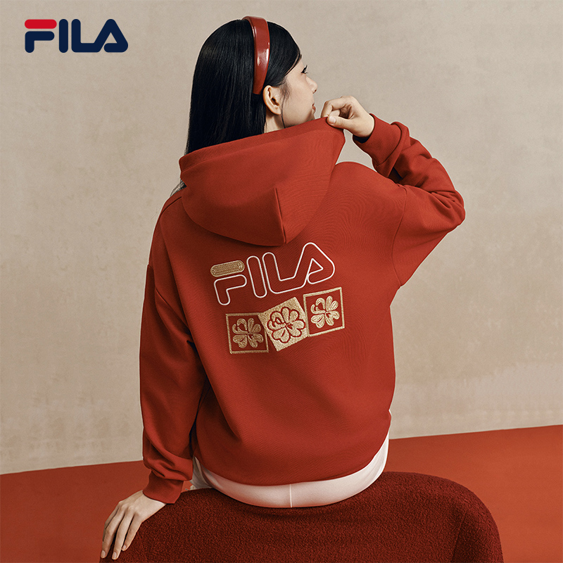 马上生花FILA斐乐男女连帽卫衣2026春新款情侣海棠花红色新年上衣