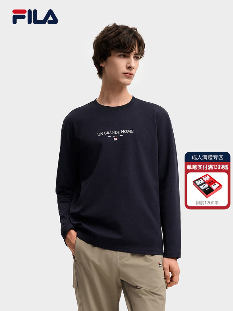 Официальная мужская трикотажная рубашка FILA с длинными рукавами, новинка зимы 2025, модная повседневная простая базовая футболка с круглым вырезом и длинными Изображение 1