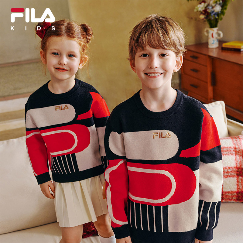 FILA KIDS斐乐童装儿童编织衫春季款男女童新年圆领宽松套头