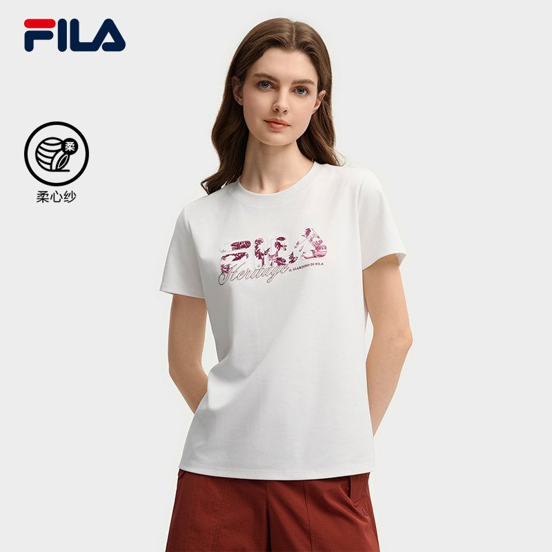 柔心纱|FILA 斐乐女子短袖衫2025秋新款刺绣优雅T恤亲肤透气上衣