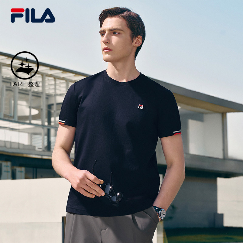 FILA斐乐运动短袖T恤男夏季简约圆领针织短袖衫经典宽松黑色上衣