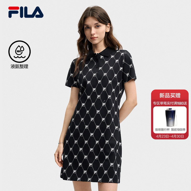 FILA斐乐官方女针织连衣裙2026夏新款休闲满印老花经典修身POLO裙