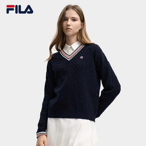 FILA斐乐官方长袖编织衫V领上衣