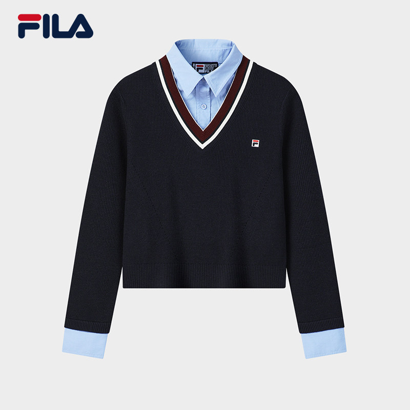 FILA 斐乐官方女子编织衫2026春季新款时尚假两件学院风套头