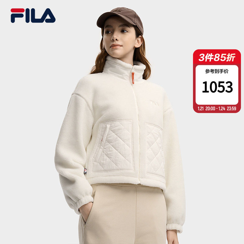 FILA 斐乐官方女针织长袖外套25冬新时尚立领绵羊毛仿羊羔绒上