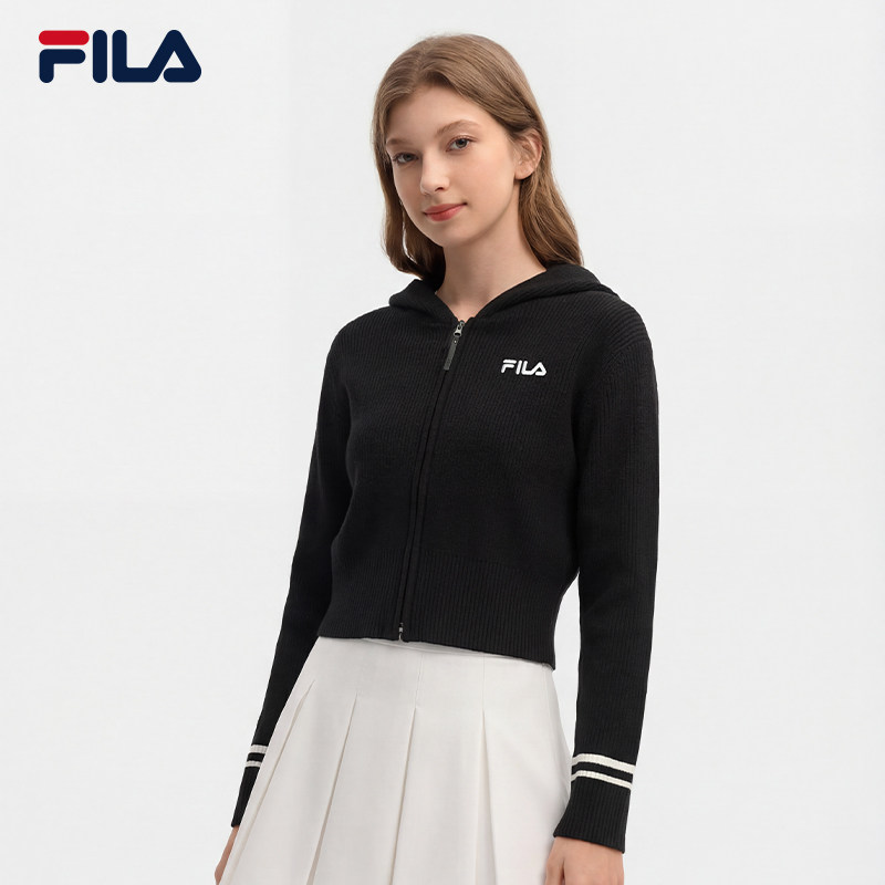 FILA斐乐官方长袖编织衫女冬季新款保暖宽松上衣休闲拉链毛衣外套