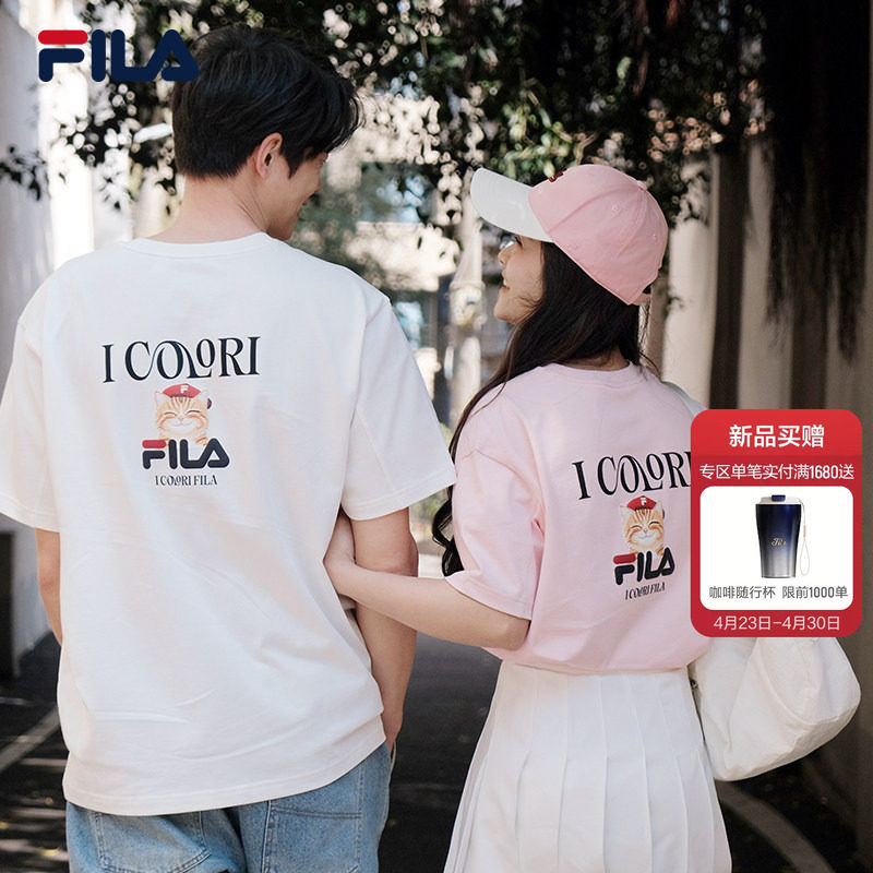 FILA斐乐情侣短袖T恤2026夏新男休闲纯棉重磅卡通猫咪刺绣上衣女