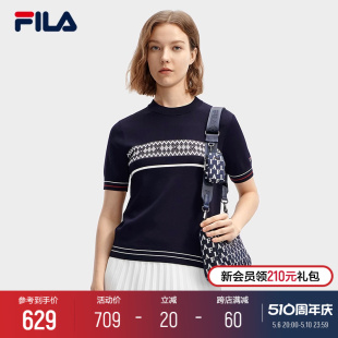 时尚 新款 2024春季 FILA 简约基础圆领休闲短袖 斐乐官方女子编织衫