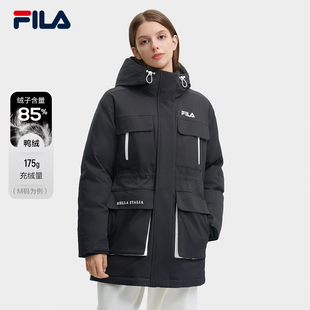 FILA斐乐派克羽绒服女2024冬新休闲连帽大口袋防风中长款梭织外套