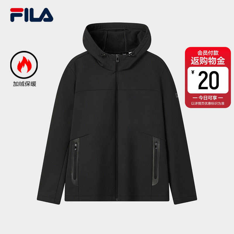FILA 斐乐官方男士梭织外套简约基础加绒黑色连帽抓绒运动上衣
