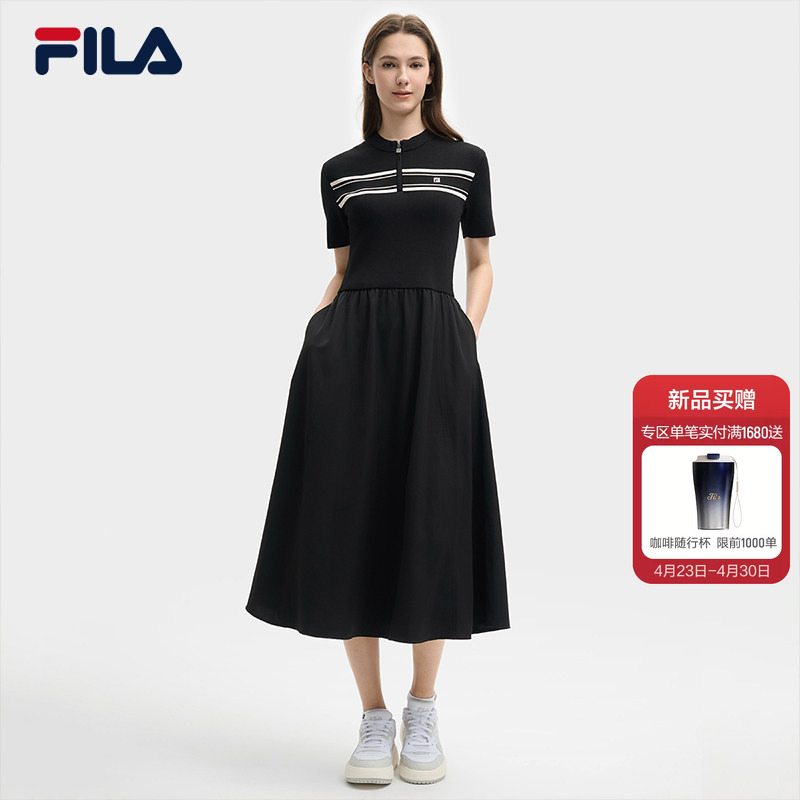FILA斐乐官方女子连衣裙春夏秋款时尚休闲简约修身短袖收腰连衣裙