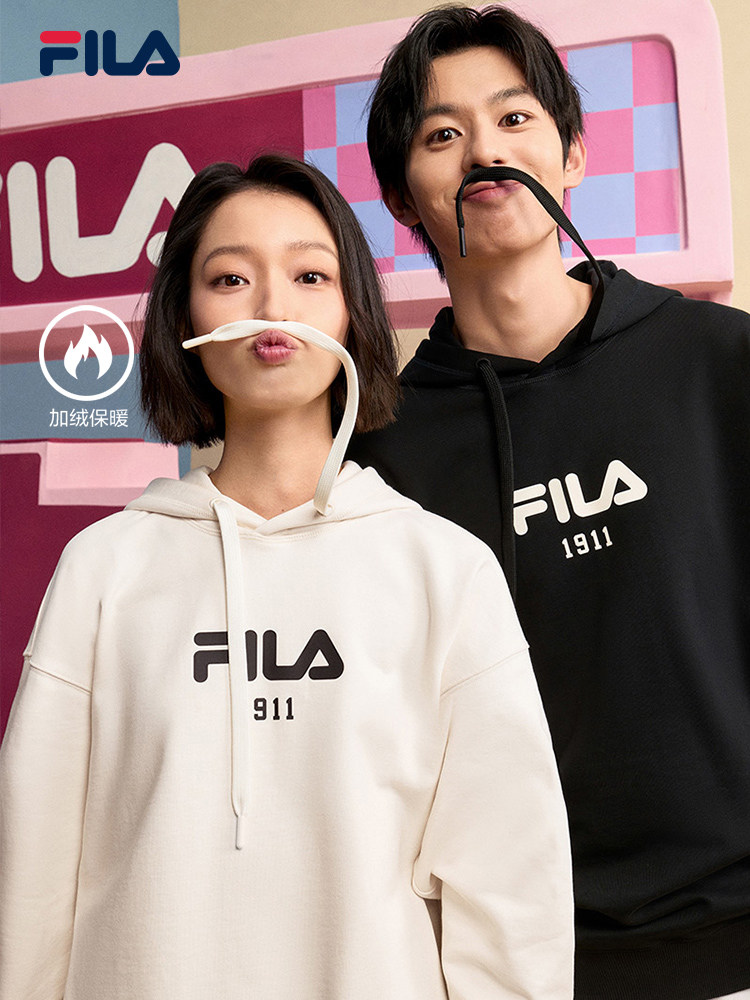 FILA 커플 후드 벨벳 스웨트 남성 2024 가을 새로운 루즈 후디 캐주얼 스포츠 여성 탑