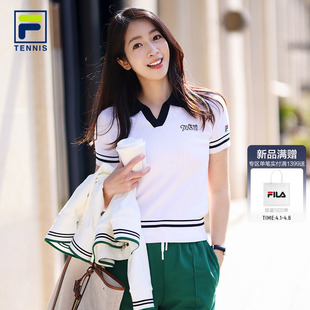 FILA斐乐官方女编织POLO衫 网球运动修身 V领针织短袖 上衣 26夏新款