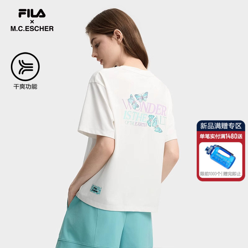 吸湿速干|FILA斐乐女子针织短袖衫2025秋新款宽松圆领蝴蝶刺绣T恤