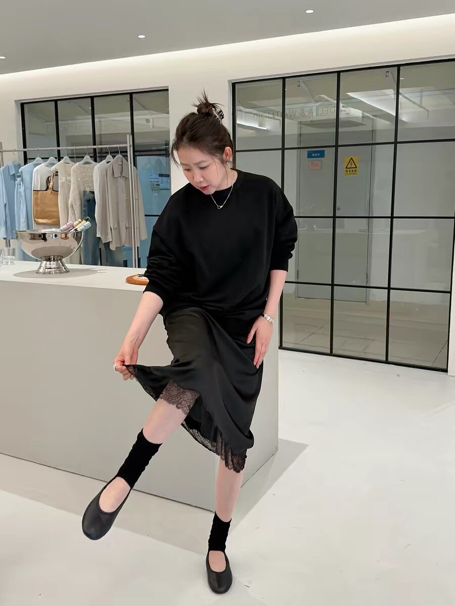 widelia十三行女装春韩系黑色气质蕾丝拼接半身裙显瘦蕾丝裙7019