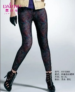 戴丝玉正品秋冬新款中厚长裤女H11596K保暖裤网眼豹纹外穿打底裤