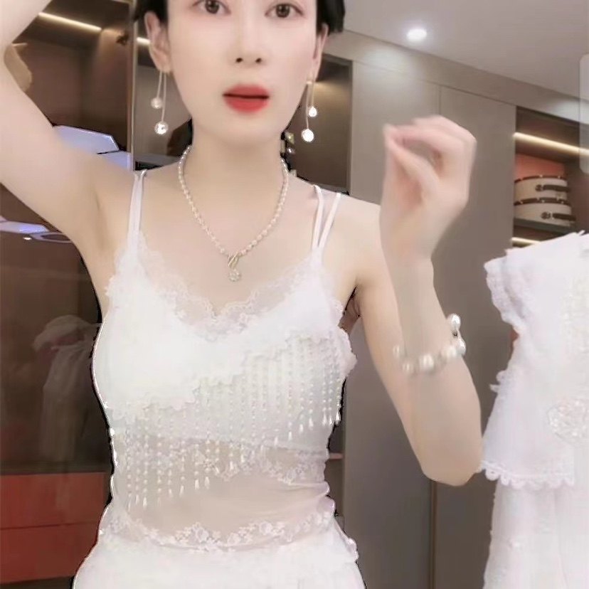 网红爆款轻奢珍珠流苏花朵蕾丝吊带美背内搭女装新款重工超仙上衣
