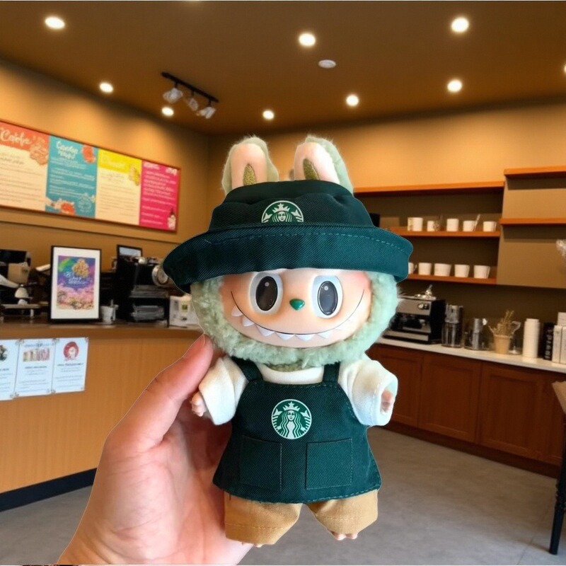 墨仔屋TOY 拉布布labubu搪胶绿色娃衣夏季坐站立背带裤套装