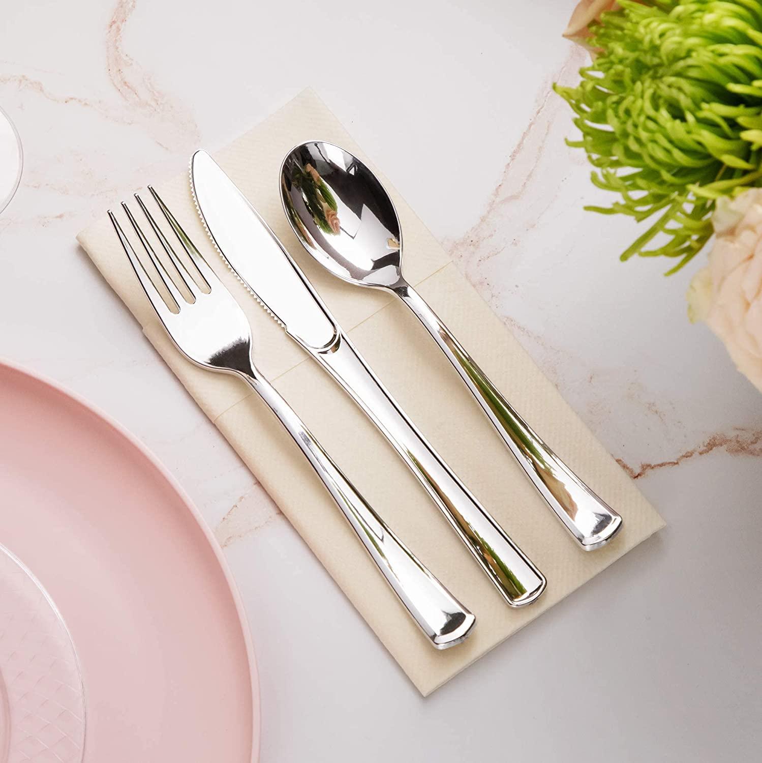 18只仿金属塑料刀叉勺一次性西餐牛排刀叉聚餐派对银色叉独立包装