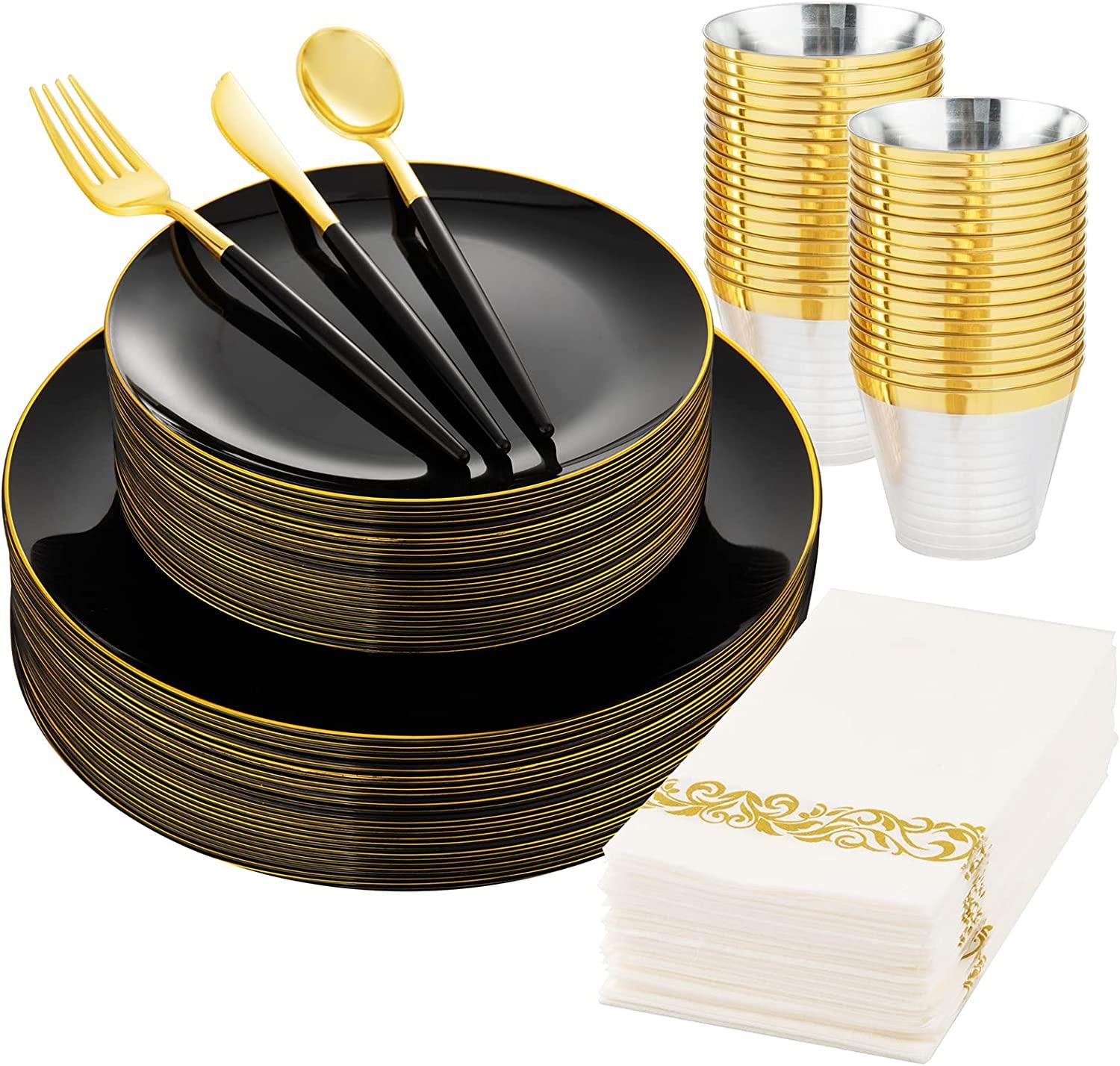 包邮25人一次性餐具硬塑料PS黑色金边盘白色餐盘酒杯刀叉勺套装,餐饮具,可降解餐具/环保餐具,淘宝优惠券,粉丝福利购,淘宝优惠卷
