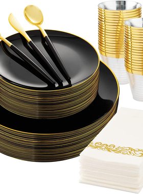 包邮25人一次性餐具硬塑料PS黑色金边盘白色餐盘酒杯刀叉勺套装