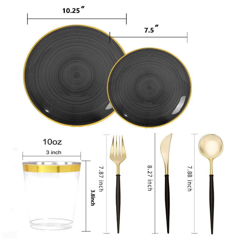 25个装7.5、10.25寸PS硬塑料缎纹烫透明金边盘金色刀叉勺杯纸套装,餐饮具,可降解餐具/环保餐具,淘宝优惠券,粉丝福利购,淘宝优惠卷