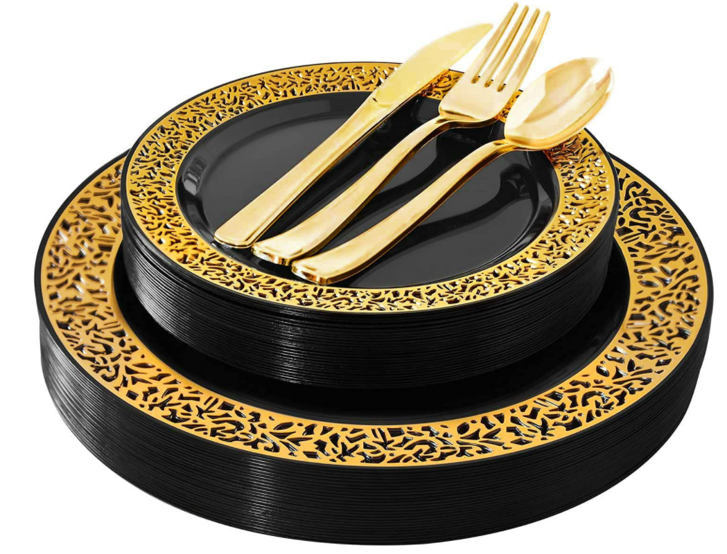 一次性餐具金色镂空黑色生日聚会派对餐具玫瑰金西餐餐盘蛋糕盘叉,餐饮具,可降解餐具/环保餐具,淘宝优惠券,粉丝福利购,淘宝优惠卷