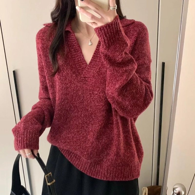 全羊毛V领翻领套头毛衣