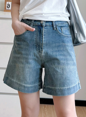 COCO微胖大码蓝色a字牛仔短裤女夏季薄款胖mm高腰显瘦阔腿热裤潮
