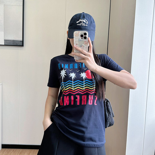 COCO大码胖mm洋气百搭圆领短袖印花T恤女夏季新款收腰显瘦美式