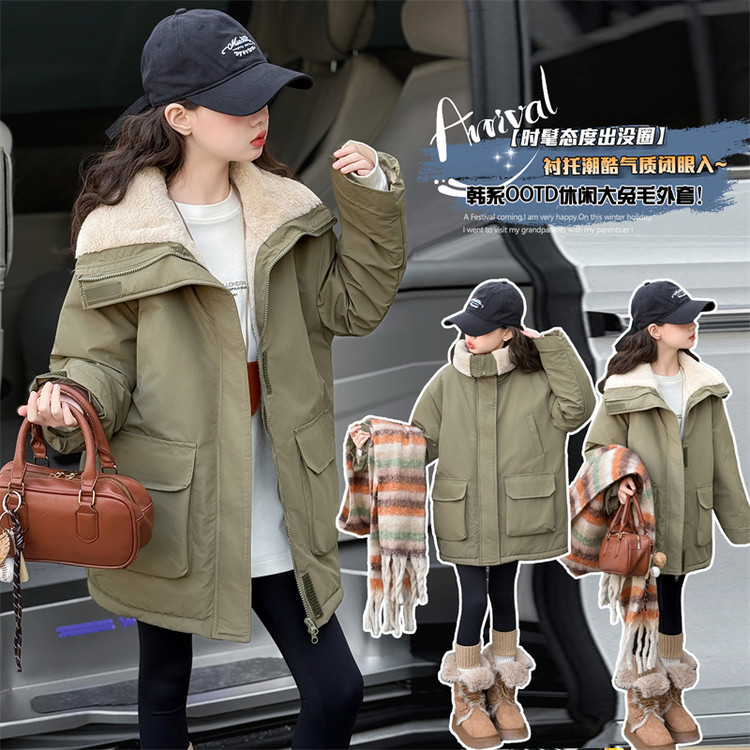 2025新款冬季军绿色大毛领棉服男女童保暖防寒外套潮酷百搭冬装