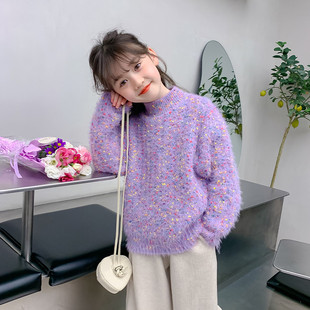 百搭保暖上衣儿童冬装 女童紫色毛衣时尚 外套 冬季 2025新款