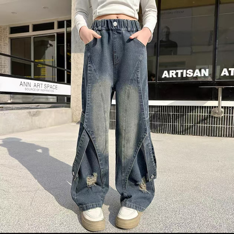 2025新款春季复古色宽松牛仔裤女童时尚百搭阔腿裤潮款长裤